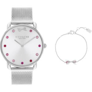 imageCoach Elliot Womens Gift Set  36mm Quartz Watch with Stainless Steel Mesh Strap  Includes Chain Bracelet with Bow  Gift for Her
