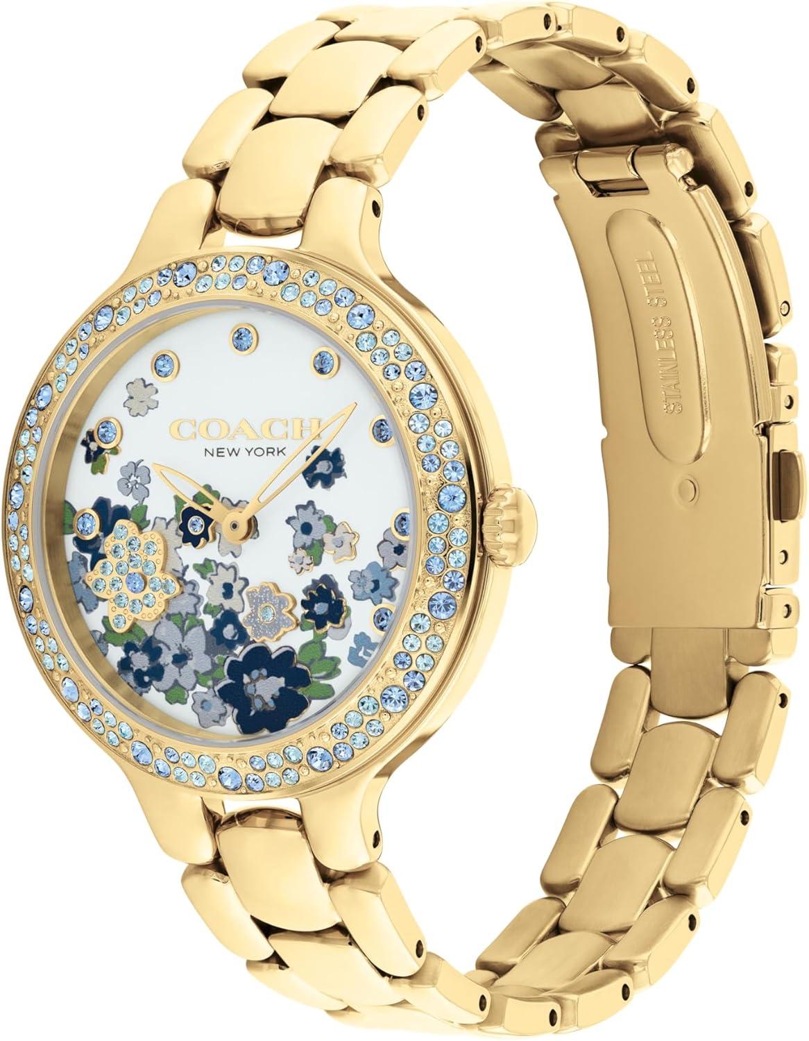 imageCOACH Chelsea Womens 2H Quartz Watch  36mm Stainless Steel Bracelet  CrystalSet Bezel with Floral Design  Premium Fashion Timepiece  Gift for HerGold Plated