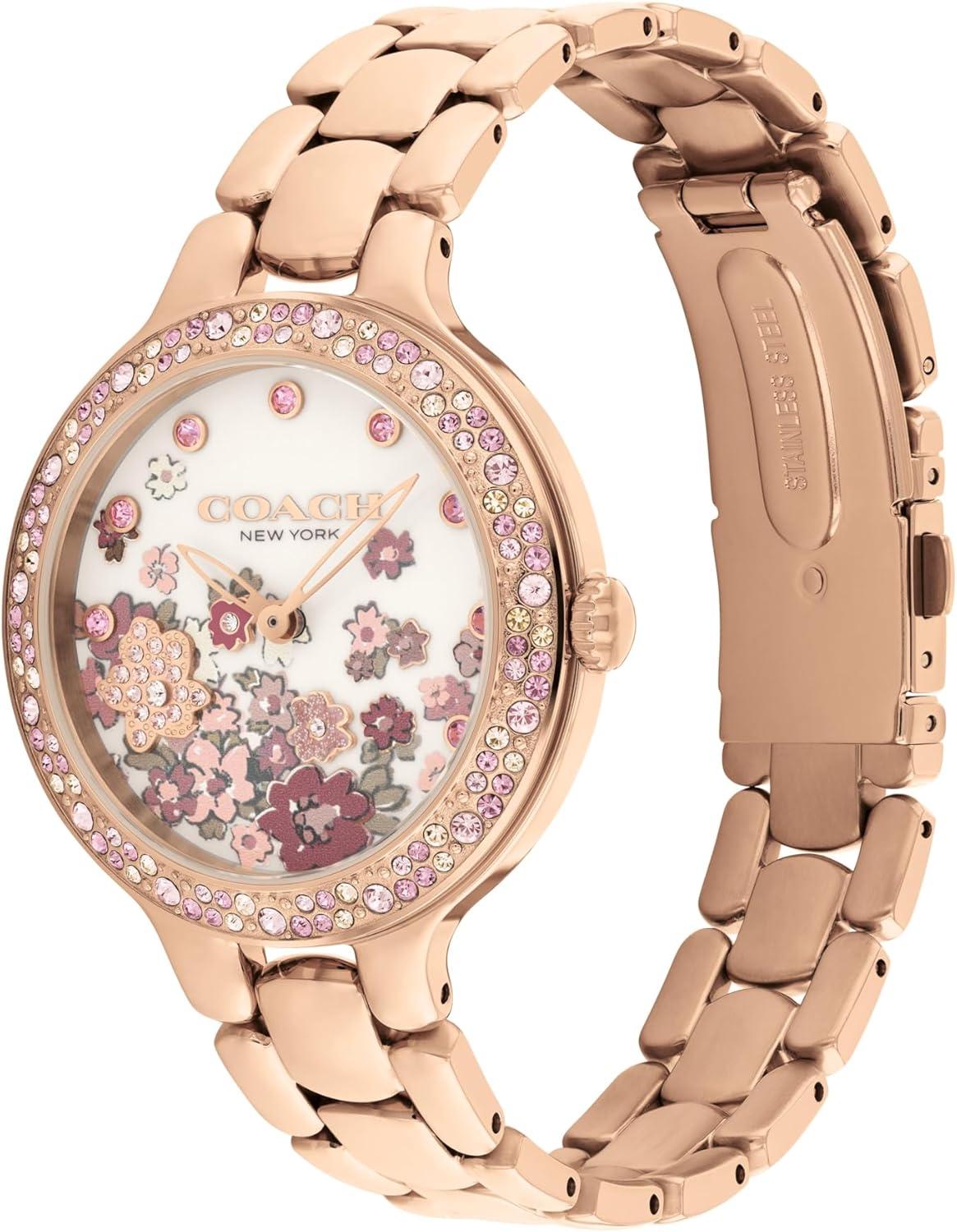 imageCOACH Chelsea Womens 2H Quartz Watch  36mm Stainless Steel Bracelet  CrystalSet Bezel with Floral Design  Premium Fashion Timepiece  Gift for HerRose Gold
