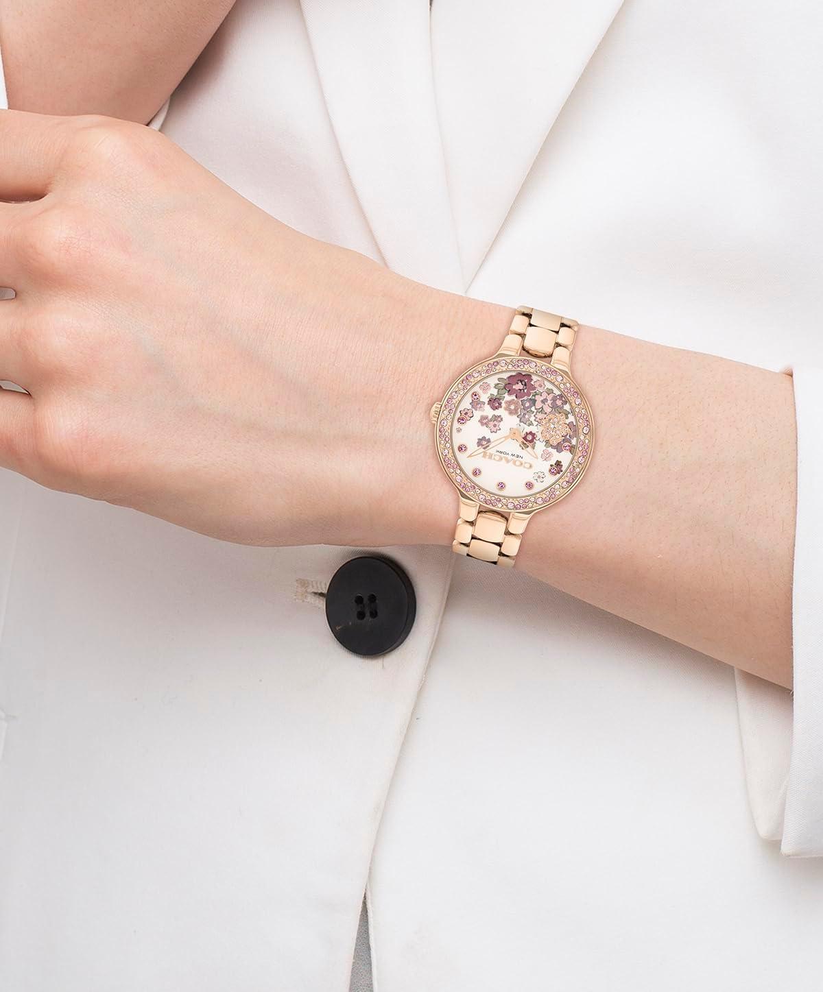 imageCOACH Chelsea Womens 2H Quartz Watch  36mm Stainless Steel Bracelet  CrystalSet Bezel with Floral Design  Premium Fashion Timepiece  Gift for HerRose Gold