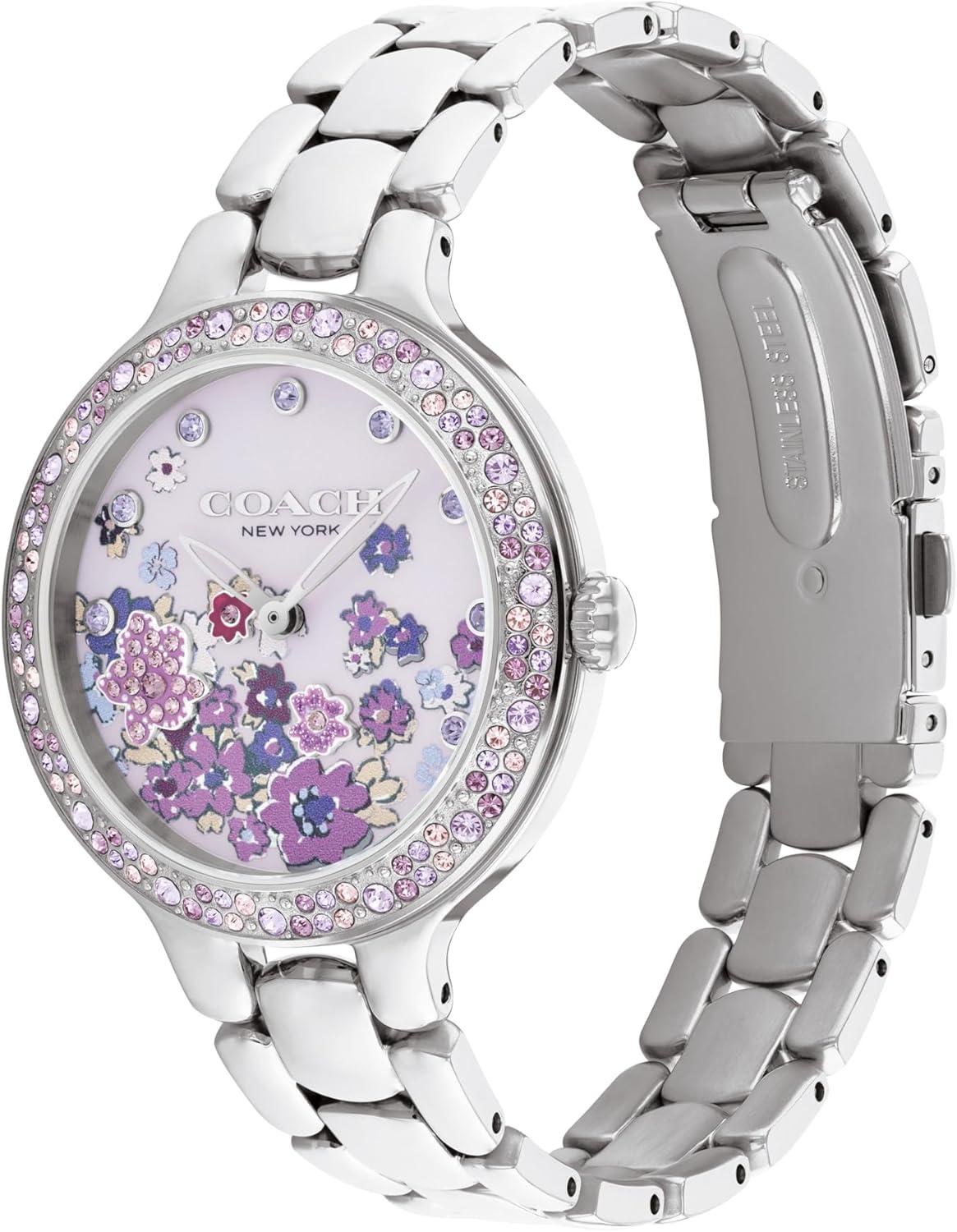 imageCOACH Chelsea Womens 2H Quartz Watch  36mm Stainless Steel Bracelet  CrystalSet Bezel with Floral Design  Premium Fashion Timepiece  Gift for HerSilver