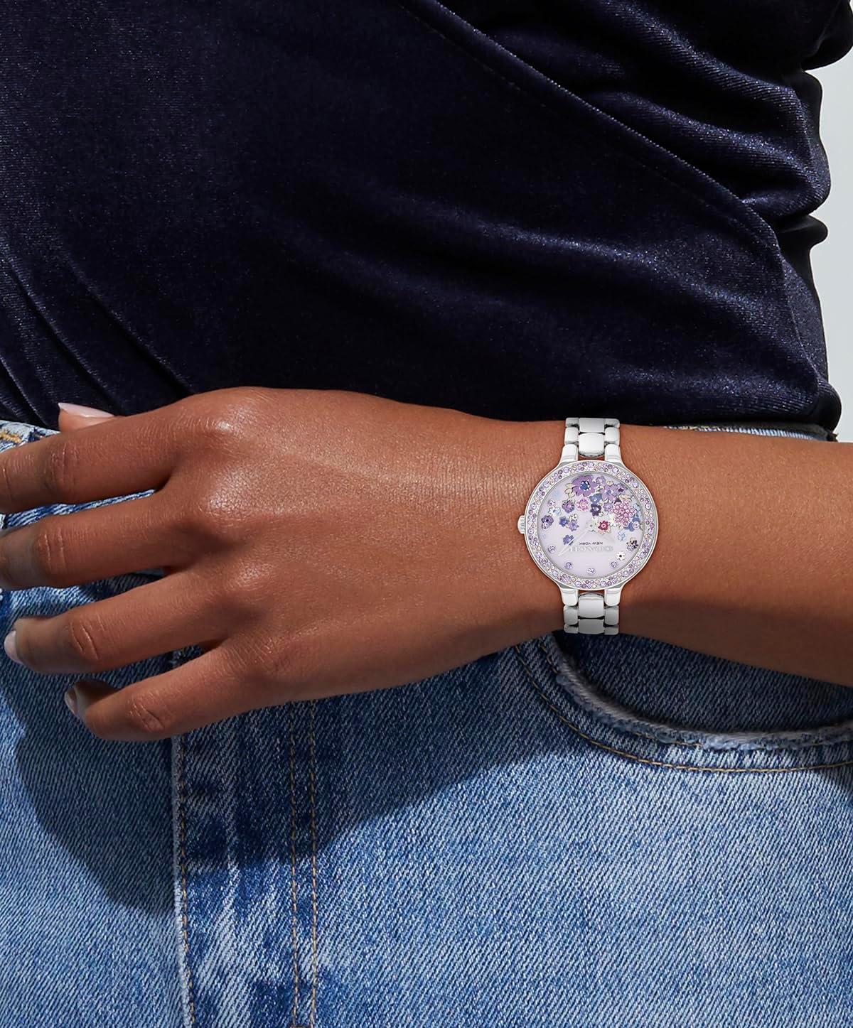 imageCOACH Chelsea Womens 2H Quartz Watch  36mm Stainless Steel Bracelet  CrystalSet Bezel with Floral Design  Premium Fashion Timepiece  Gift for HerSilver