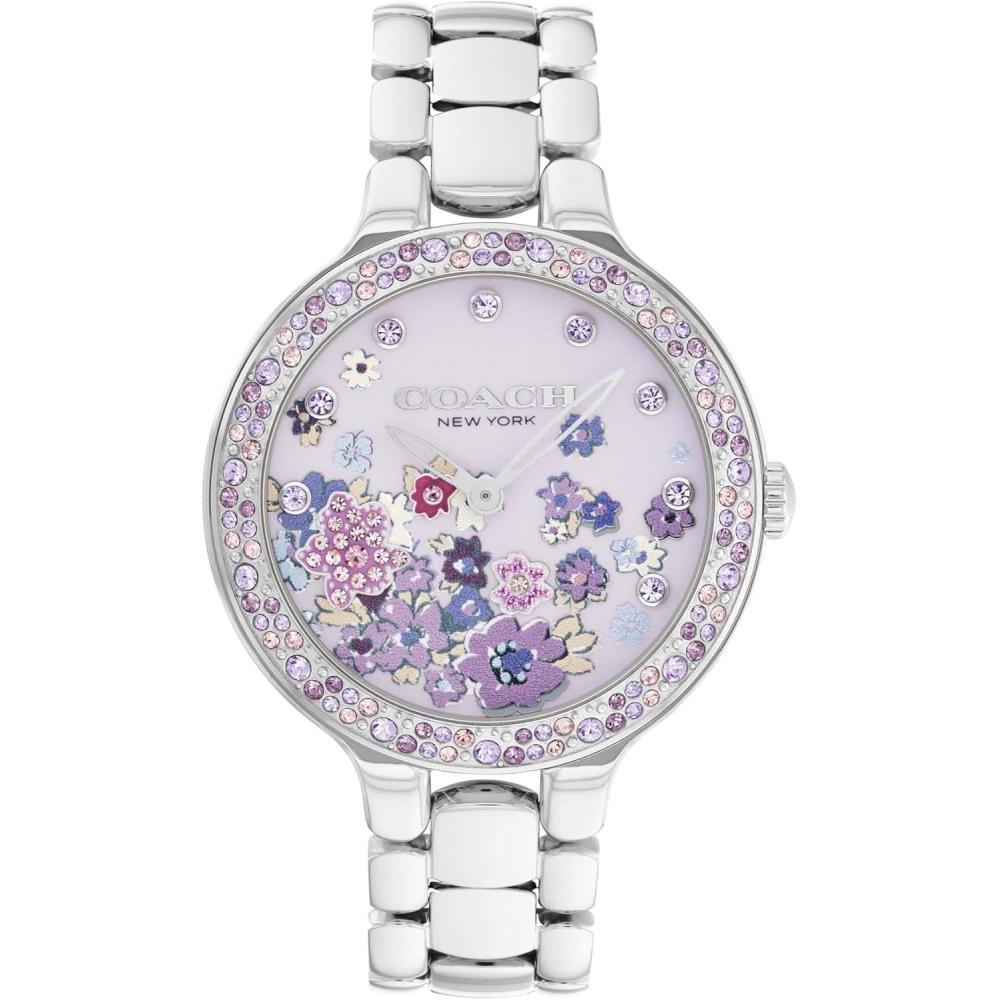 imageCOACH Chelsea Womens 2H Quartz Watch  36mm Stainless Steel Bracelet  CrystalSet Bezel with Floral Design  Premium Fashion Timepiece  Gift for HerSilver